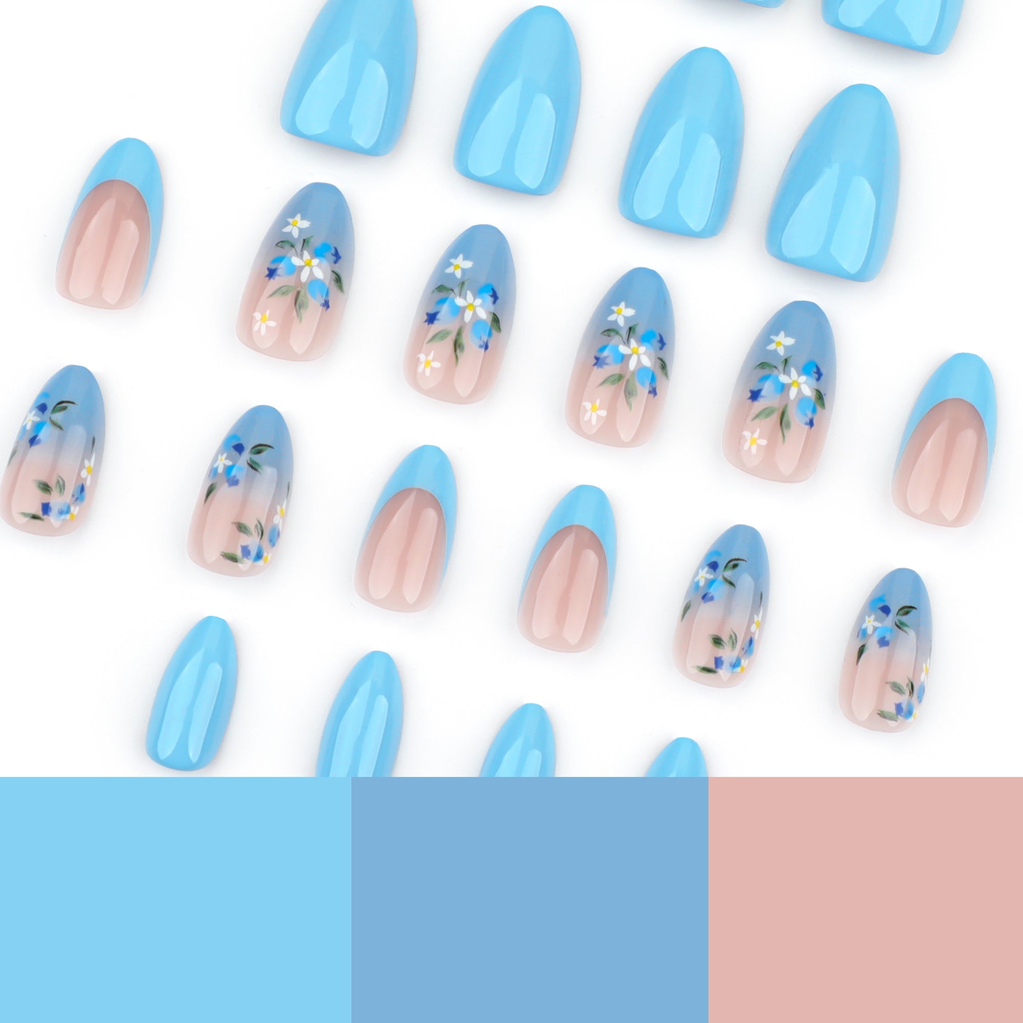 Sky Blue French Tip Floral Press-On Nails