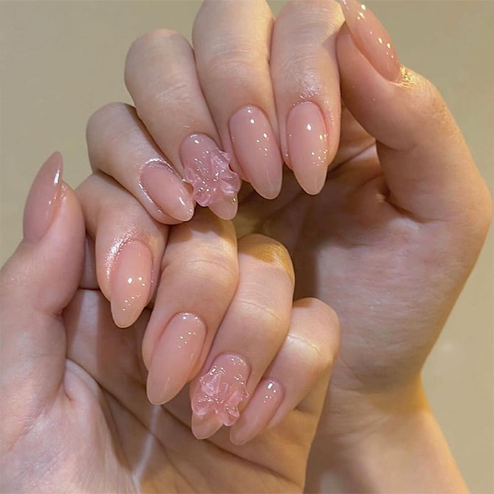 Soft Peach Press-On Nails with 3D Clear Bow