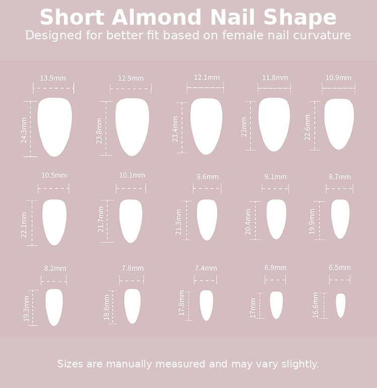 Soft Peach Press-On Nails with 3D Clear Bow Size Chart
