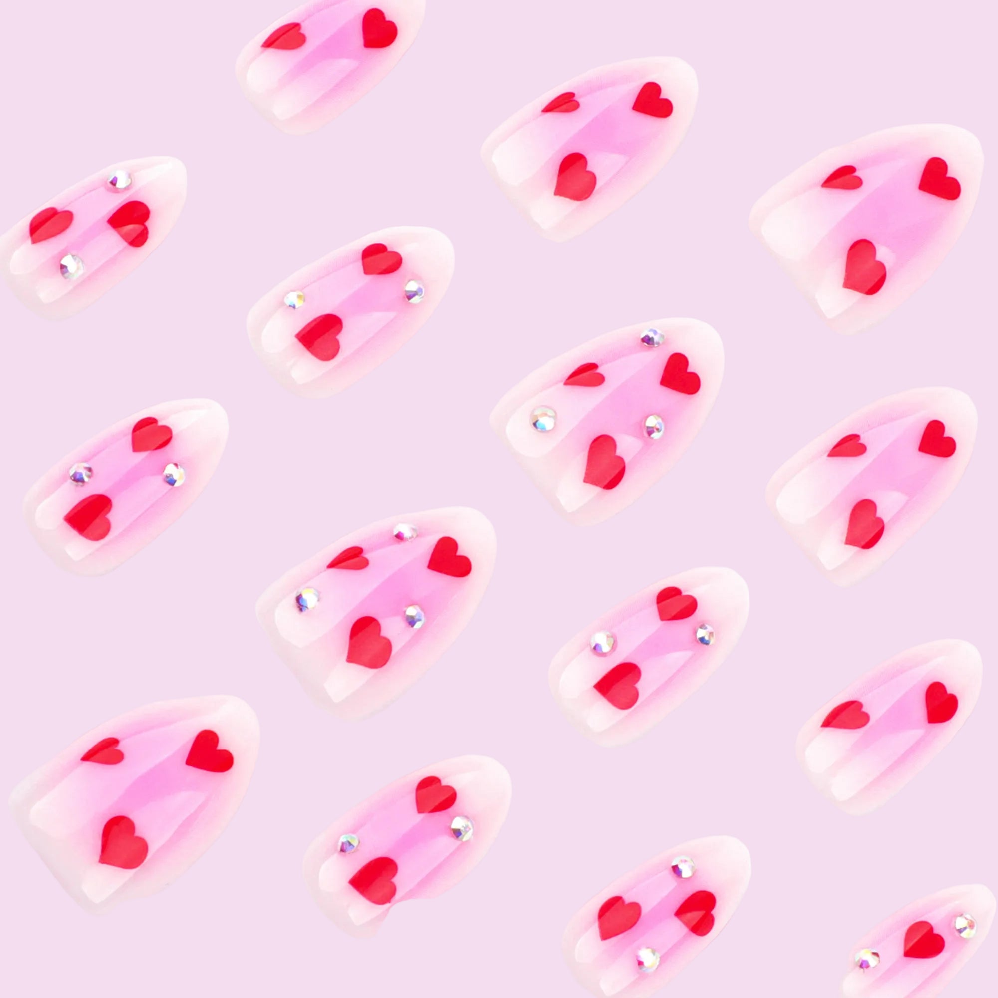 Pink Lavender and Red Heart Crystal Press-On Nails