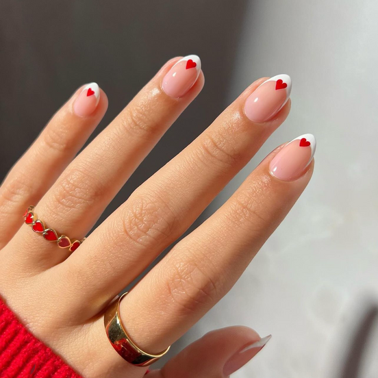 Sheer Nude White French Tip Red Heart Press-On Nails