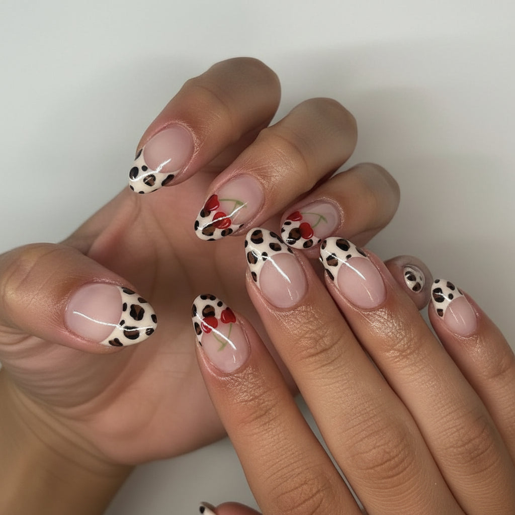 Rose Dalmatian Print French Tip Press-On Nails