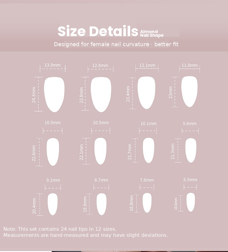 Soft Pink Purple Glitter Curve Press-On Nails Size Chart