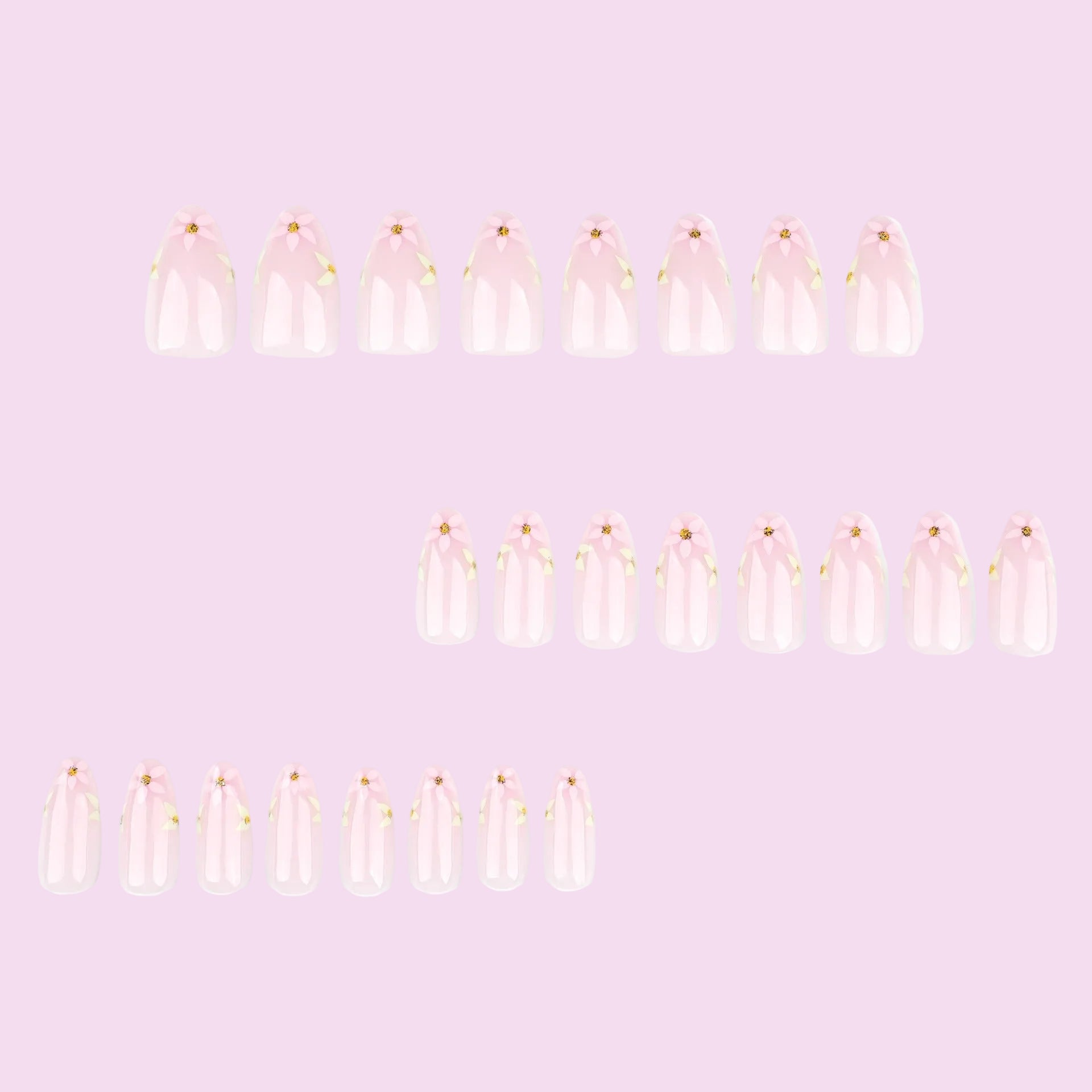 Sheer Blush with White Daisy Florals & Gold Rhinestone Detail Press-On Nails