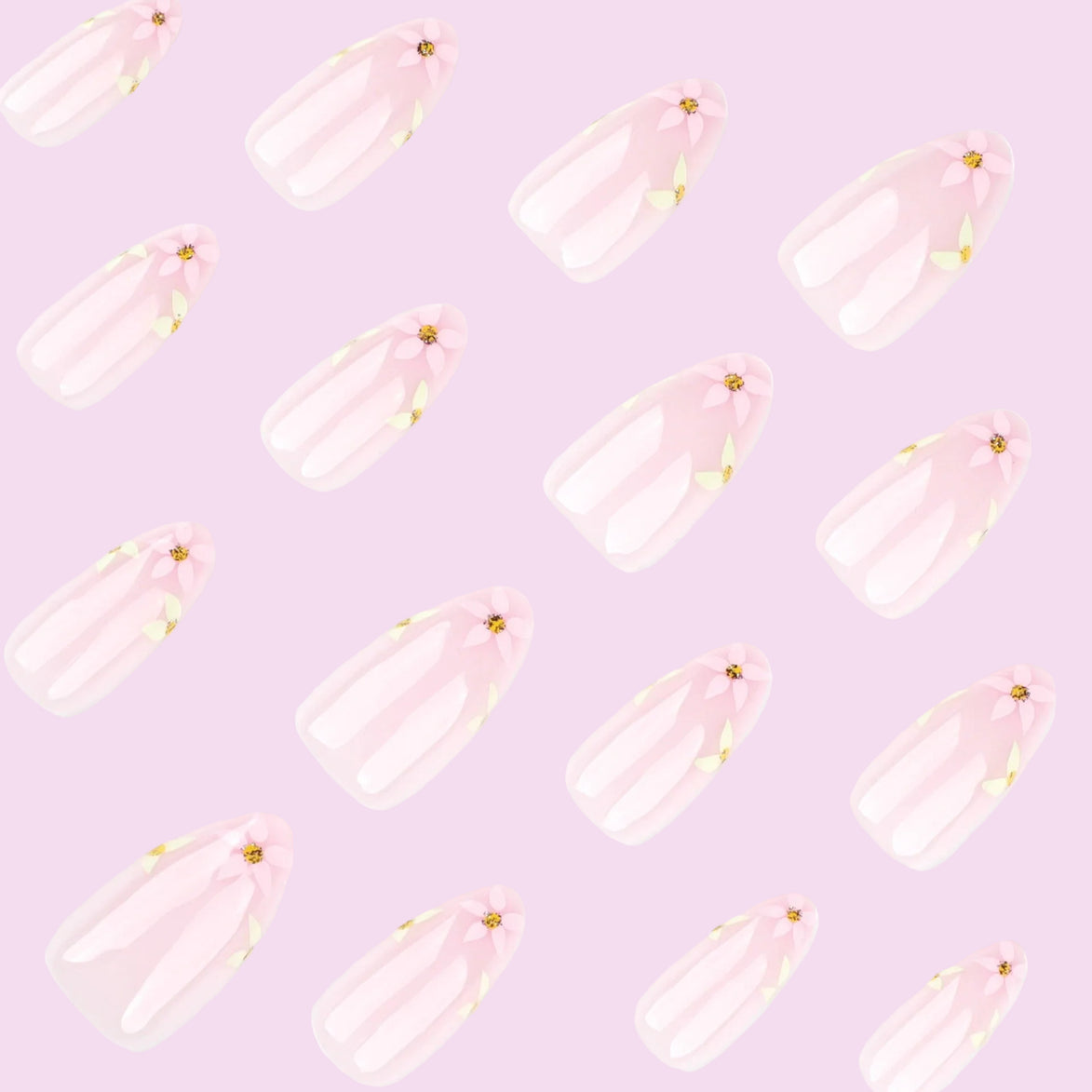 Sheer Blush with White Daisy Florals & Gold Rhinestone Detail Press-On Nails