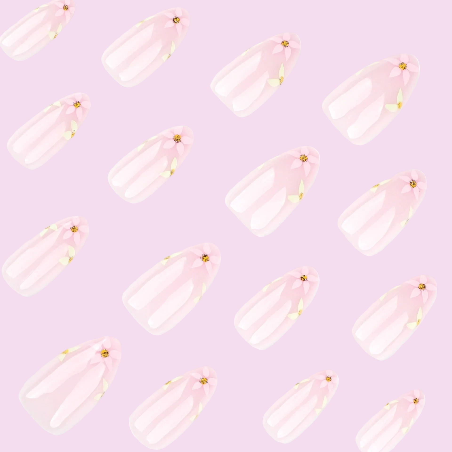 Sheer Blush with White Daisy Florals & Gold Rhinestone Detail Press-On Nails