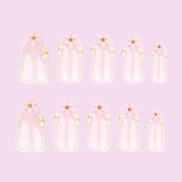 Sheer Blush with White Daisy Florals & Gold Rhinestone Detail Press-On Nails