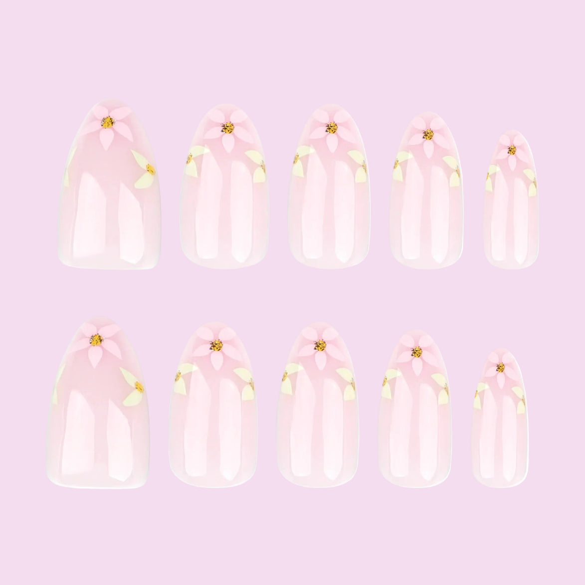 Sheer Blush with White Daisy Florals & Gold Rhinestone Detail Press-On Nails