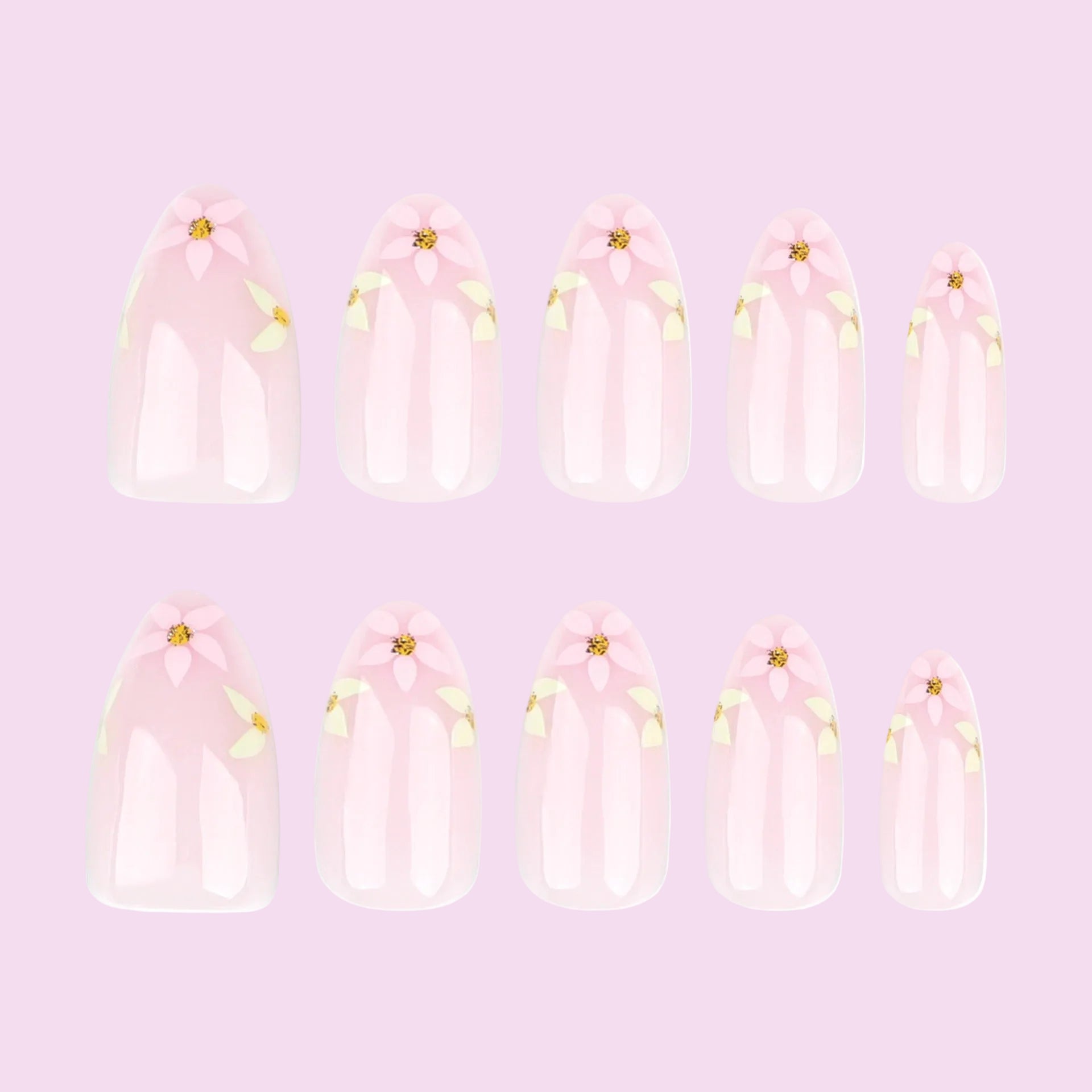 Sheer Blush with White Daisy Florals & Gold Rhinestone Detail Press-On Nails