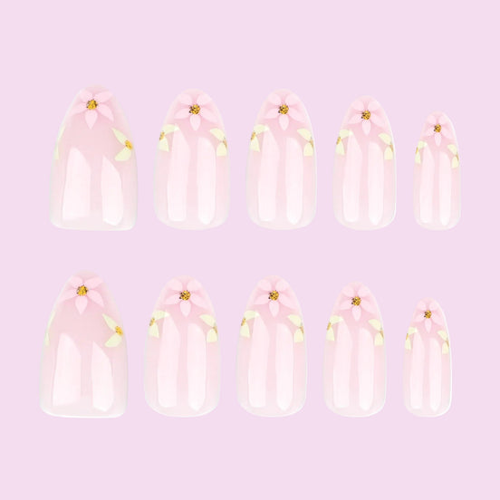 Sheer Blush with White Daisy Florals & Gold Rhinestone Detail Press-On Nails
