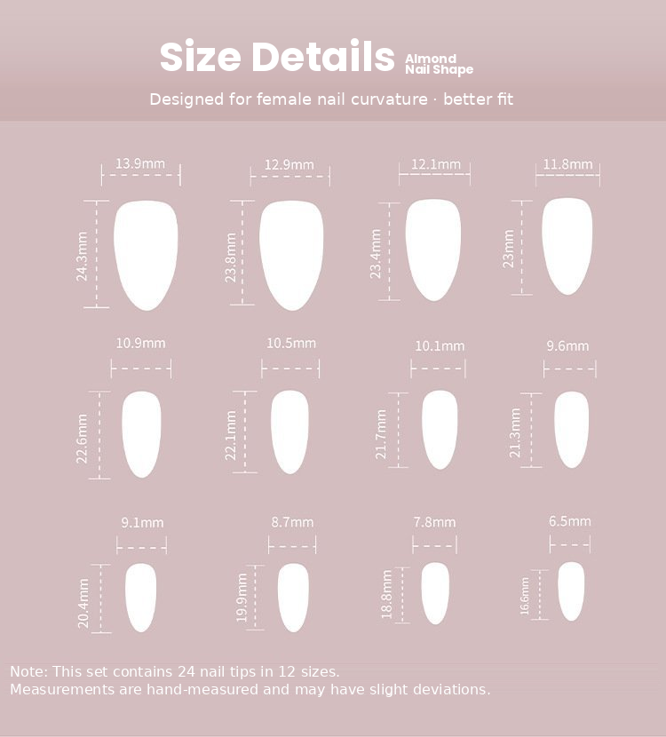 Sheer Blush with White Daisy Florals & Gold Rhinestone Detail Press-On Nails Size Chart