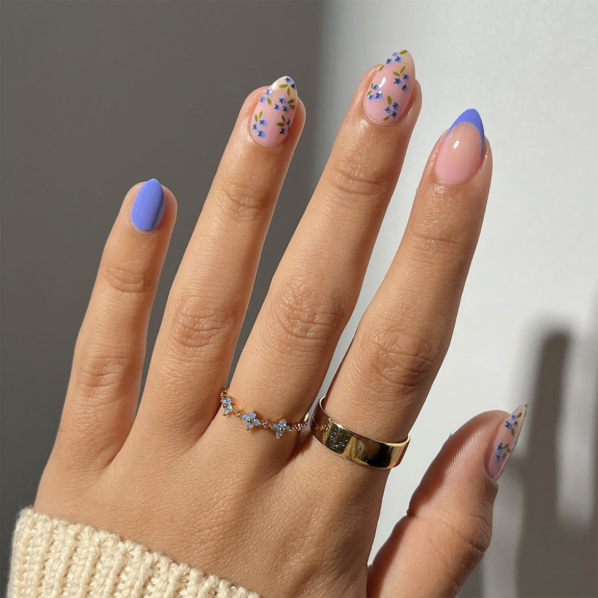 Sheer Nude with Blue Floral Sprigs & Periwinkle French Tip Press-On Nails