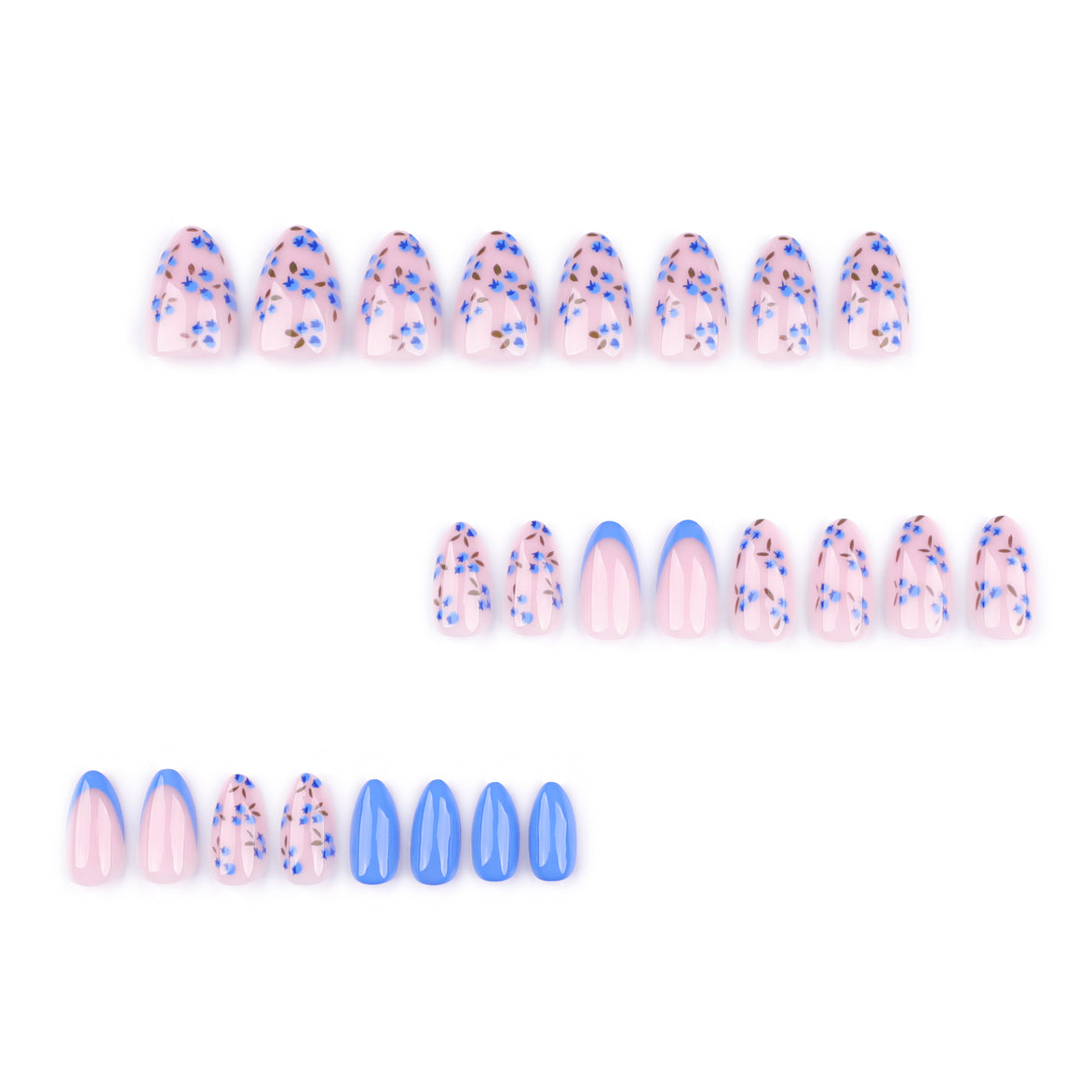 Sheer Nude with Blue Floral Sprigs & Periwinkle French Tip Press-On Nails