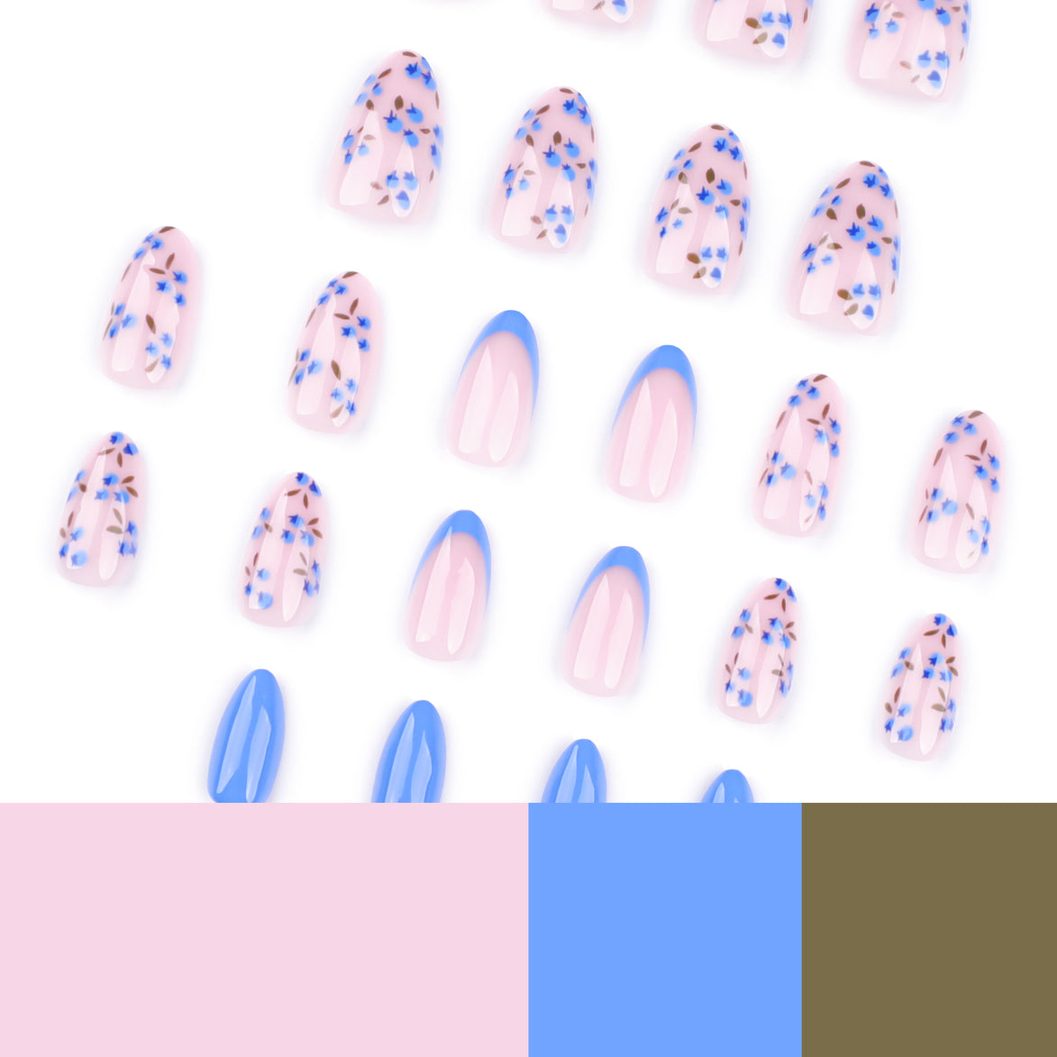 Sheer Nude with Blue Floral Sprigs & Periwinkle French Tip Press-On Nails