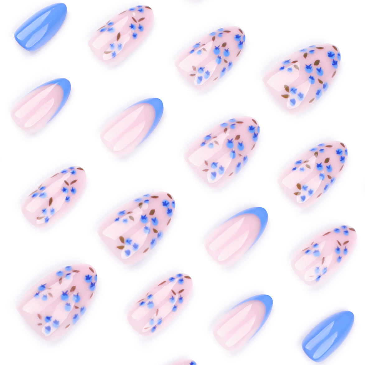 Sheer Nude with Blue Floral Sprigs & Periwinkle French Tip Press-On Nails