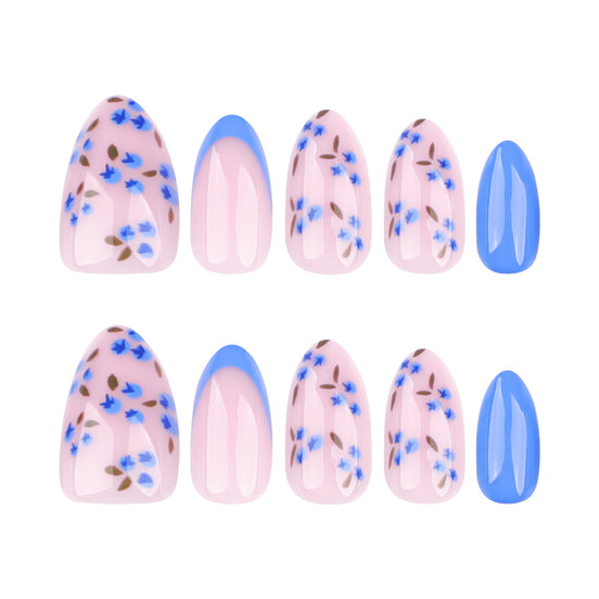 Sheer Nude with Blue Floral Sprigs & Periwinkle French Tip Press-On Nails