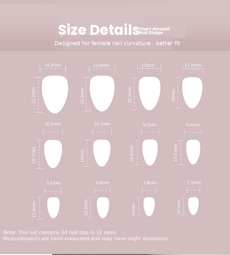 Sheer Nude with Blue Floral Sprigs & Periwinkle French Tip Press-On Nails Size Chart
