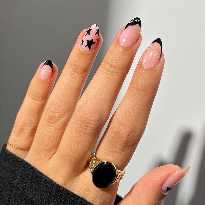 Baby Pink with Black Star Art & Black French Tips Press-On Nails