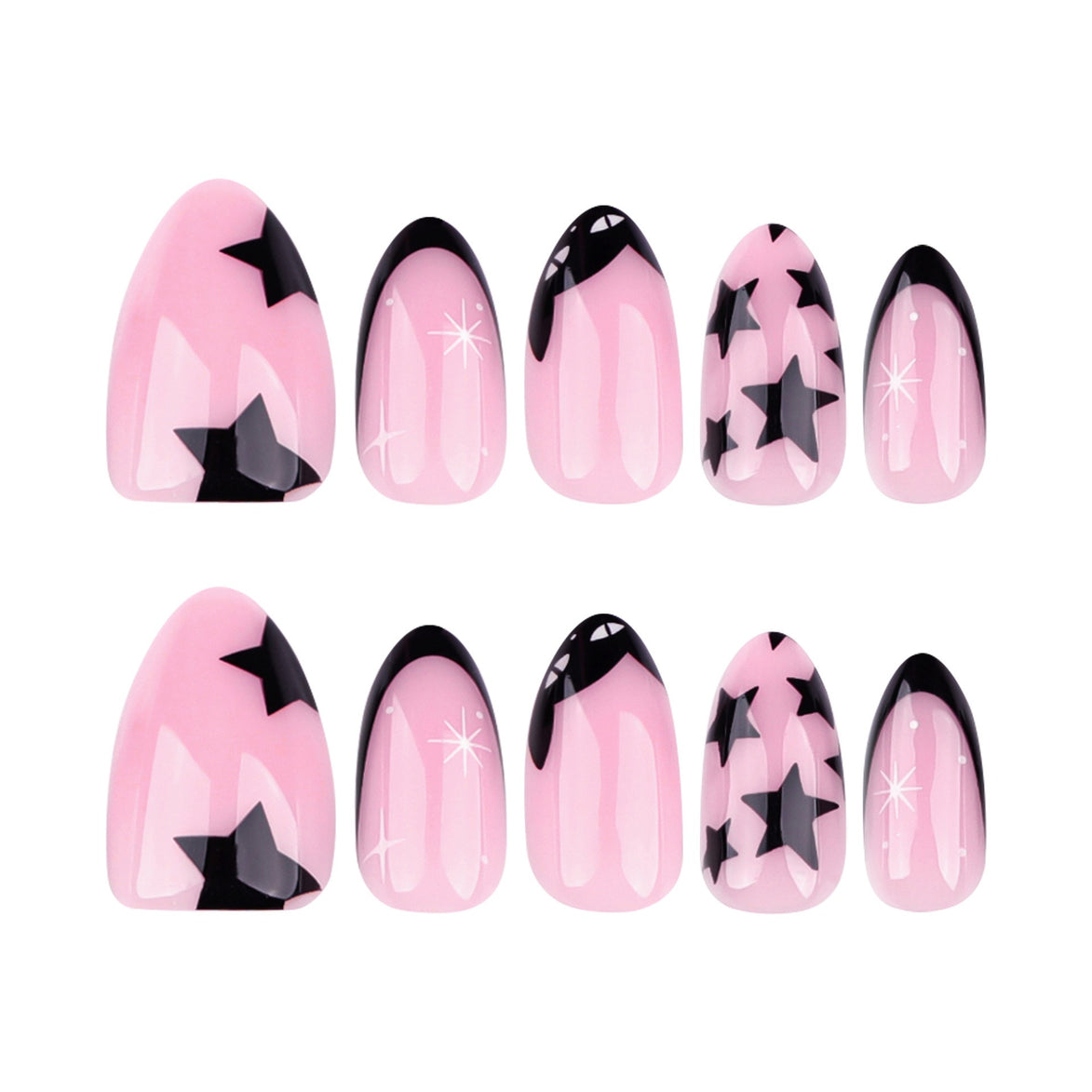 Baby Pink with Black Star Art & Black French Tips Press-On Nails