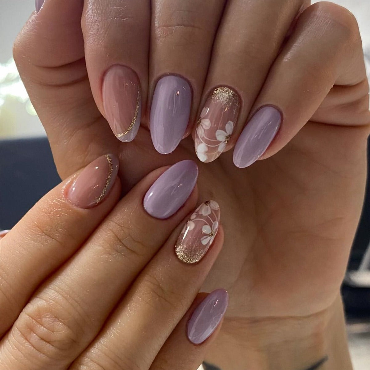 Lilac & Blush Mix with White Floral Art & Silver Glitter Press-On Nails