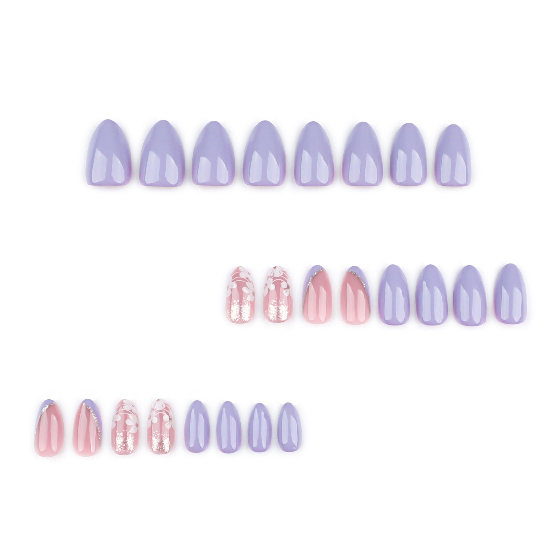 Lilac & Blush Mix with White Floral Art & Silver Glitter Press-On Nails