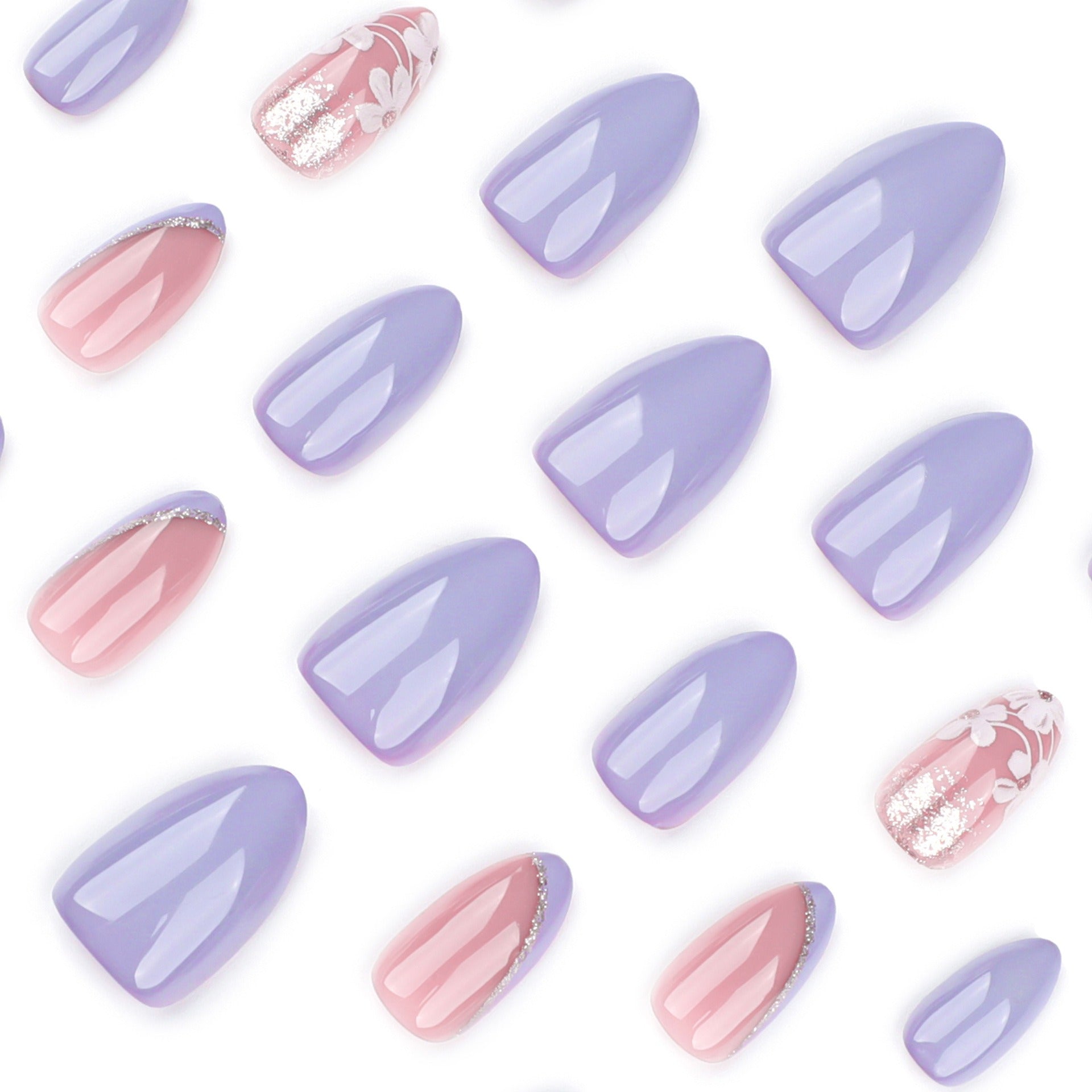 Lilac & Blush Mix with White Floral Art & Silver Glitter Press-On Nails