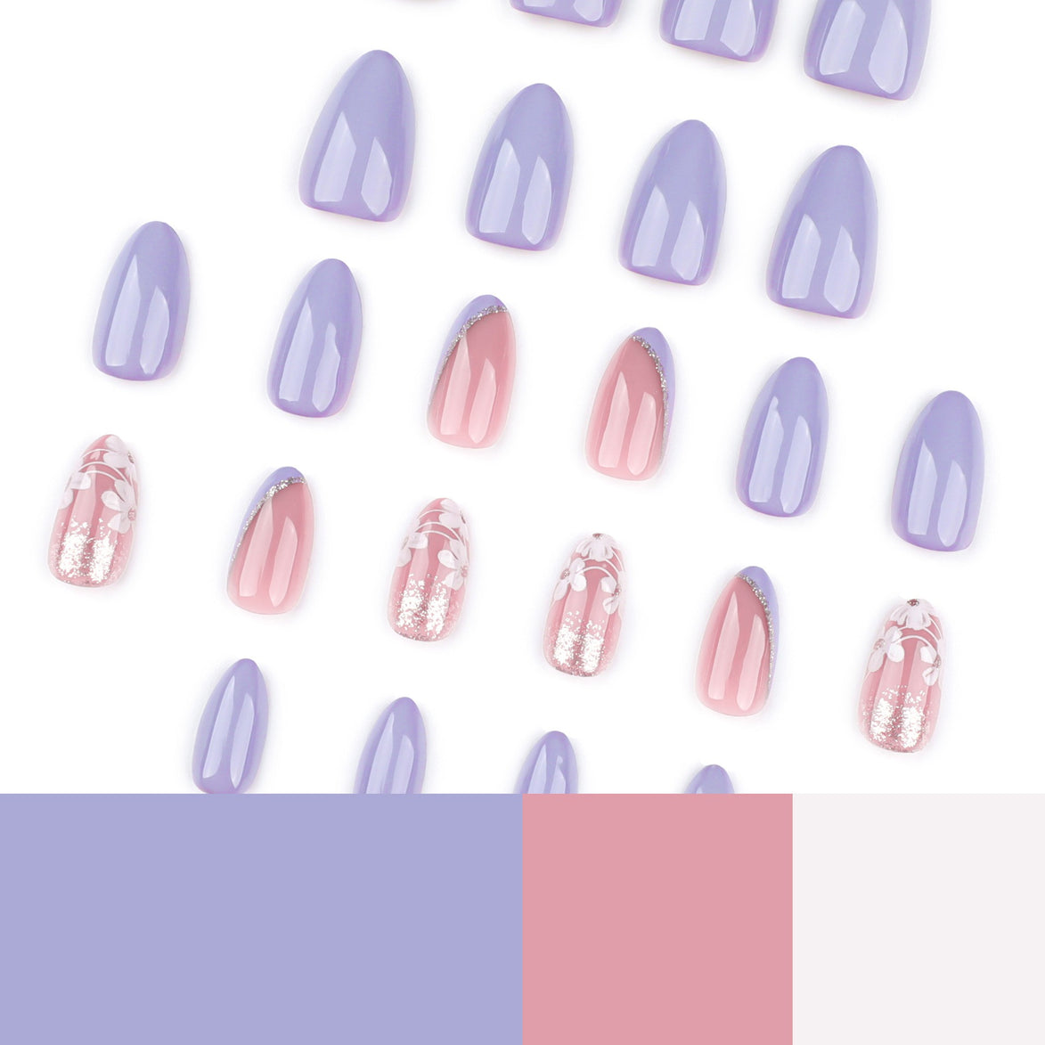 Lilac & Blush Mix with White Floral Art & Silver Glitter Press-On Nails