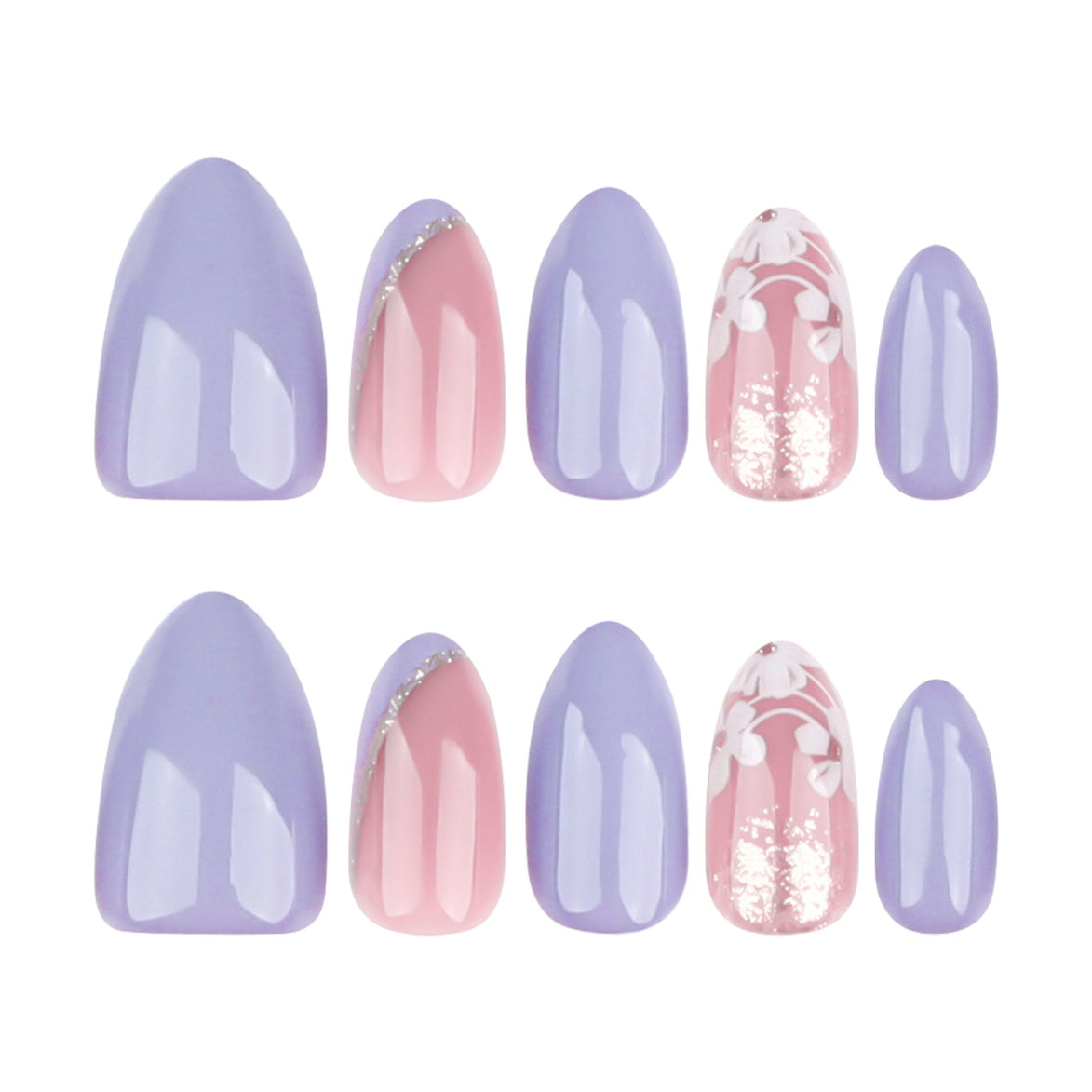 Lilac & Blush Mix with White Floral Art & Silver Glitter Press-On Nails