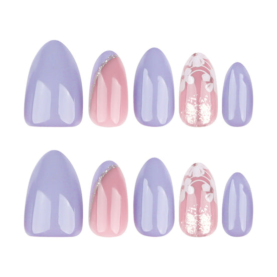 Lilac & Blush Mix with White Floral Art & Silver Glitter Press-On Nails