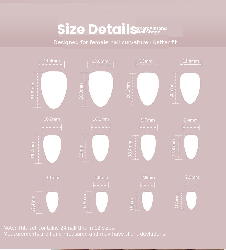Lilac & Blush Mix with White Floral Art & Silver Glitter Press-On Nails Size Chart