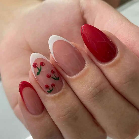 Sheer Nude White French Tip with Cherry Art & Solid Red Press-On Nails
