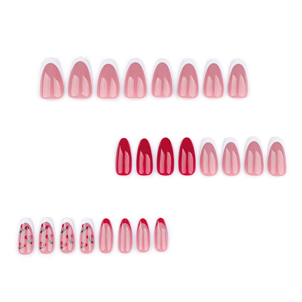 Sheer Nude White French Tip with Cherry Art & Solid Red Press-On Nails