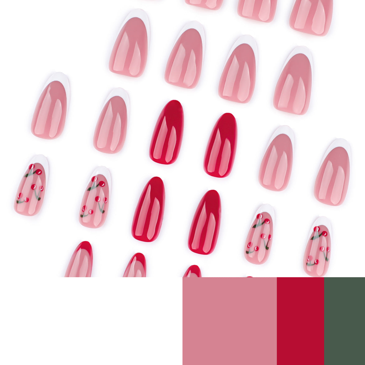 Sheer Nude White French Tip with Cherry Art & Solid Red Press-On Nails