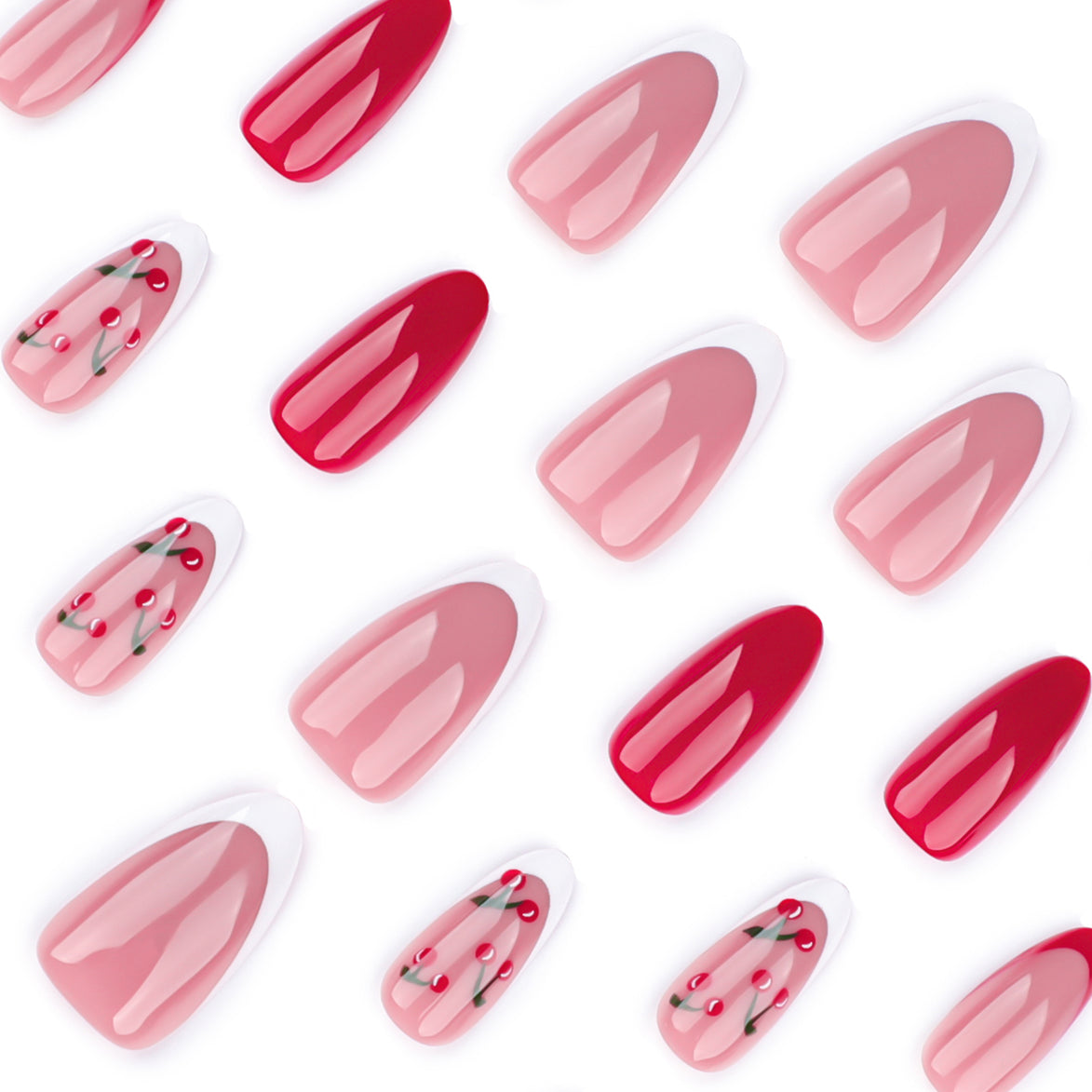 Sheer Nude White French Tip with Cherry Art & Solid Red Press-On Nails