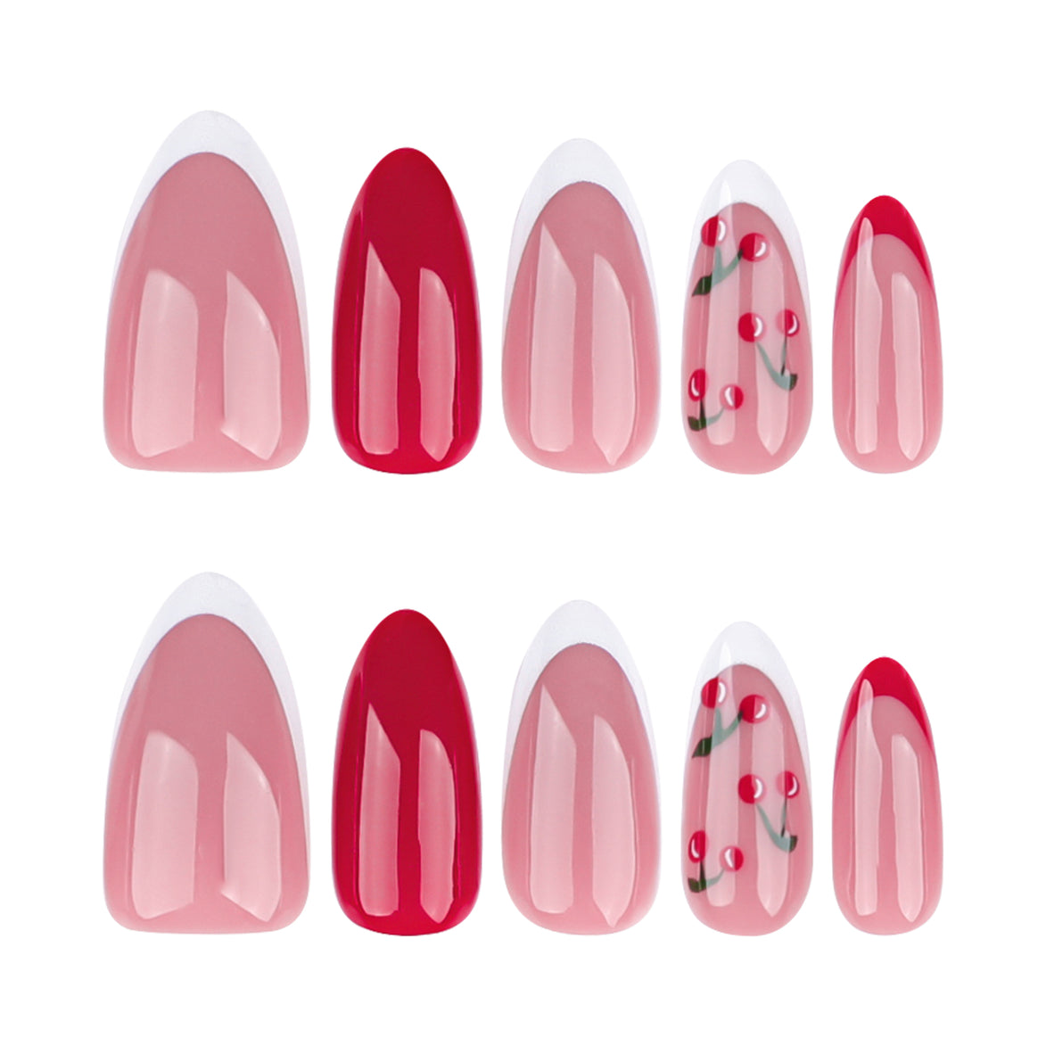 Sheer Nude White French Tip with Cherry Art & Solid Red Press-On Nails