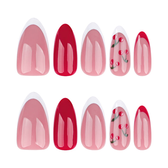 Sheer Nude White French Tip with Cherry Art & Solid Red Press-On Nails