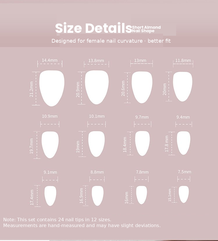 Blush Pink with Metallic Gold French Tip Press-On Nails Size Chart