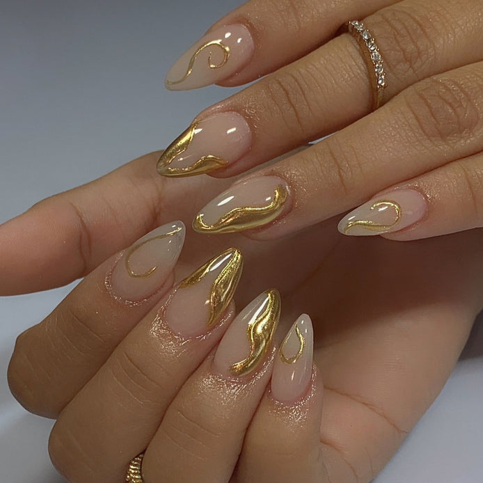 Sheer Nude with Raised Gold Wave Swirl Detail Long Press-On Nails