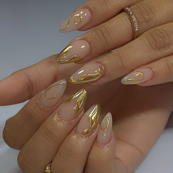 Sheer Nude with Raised Gold Wave Swirl Detail Long Press-On Nails