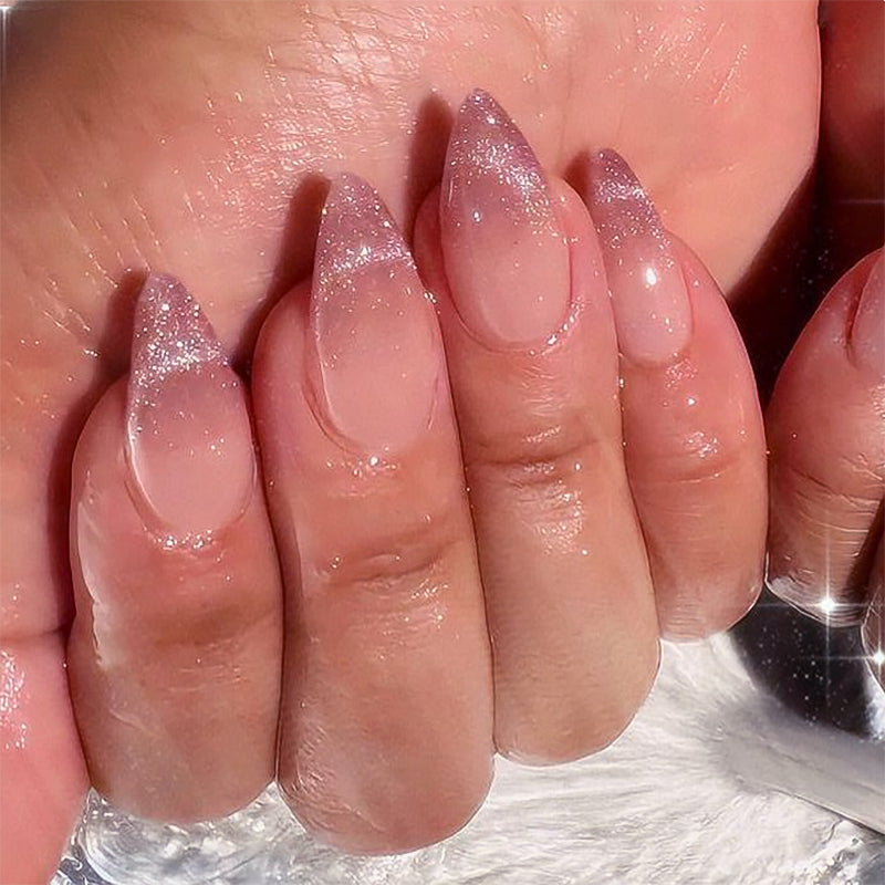 Nude to Dusty Rose Ombre with Silver Shimmer Tips Almond Press-On Nails