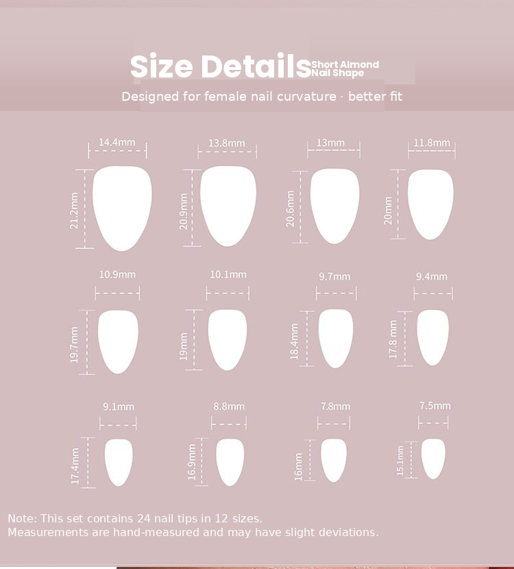 Nude to Dusty Rose Ombre Almond Press-On Nails Size Chart