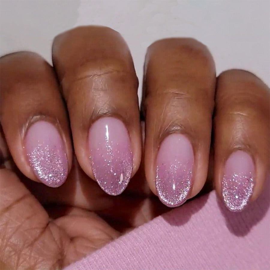 Nude to Lilac Ombre with Silver Glitter Tips Press-On Nails