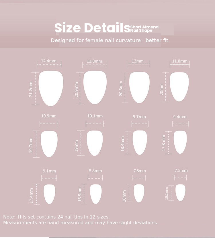 Nude to Lilac Ombre with Silver Glitter Tips Press-On Nails Size Chart