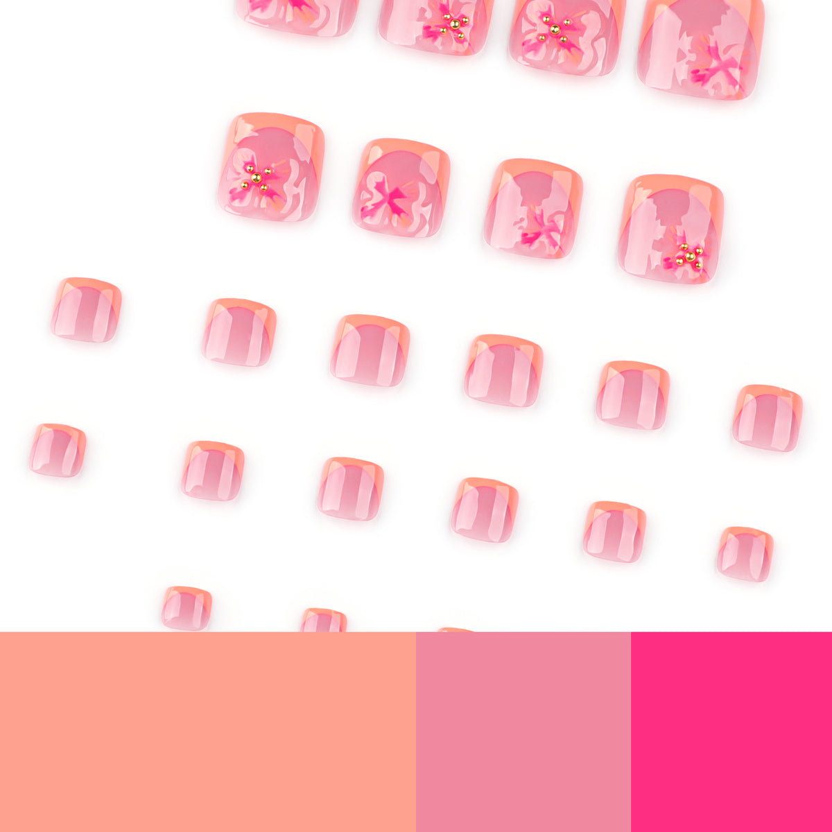 Peach French Tip Flower Accent Press-On Toenails