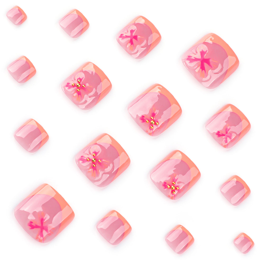 Peach French Tip Flower Accent Press-On Toenails