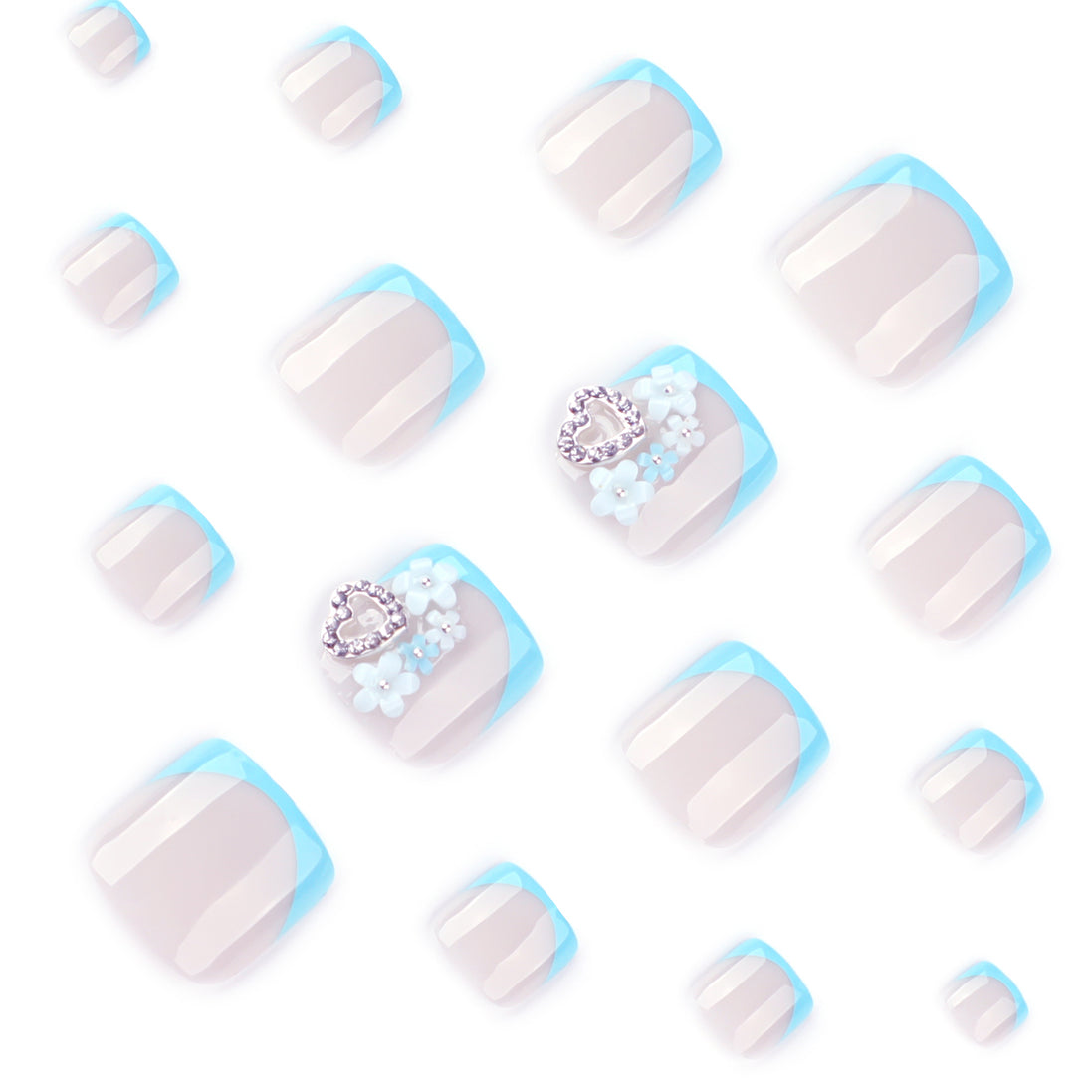Sky Blue French Tip Flower Accent Press-On Toenails