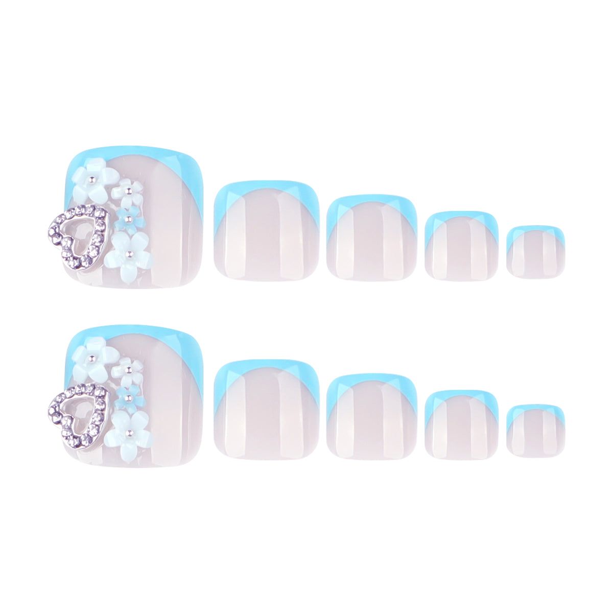 Sky Blue French Tip Flower Accent Press-On Toenails