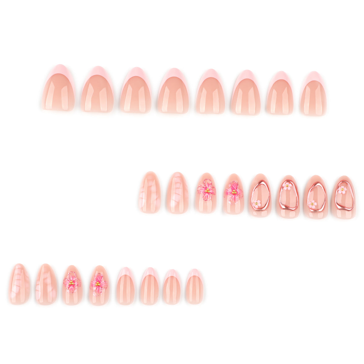 3D Floral & Rose Gold Frame in Nude Peach & Pink Press-On Nails