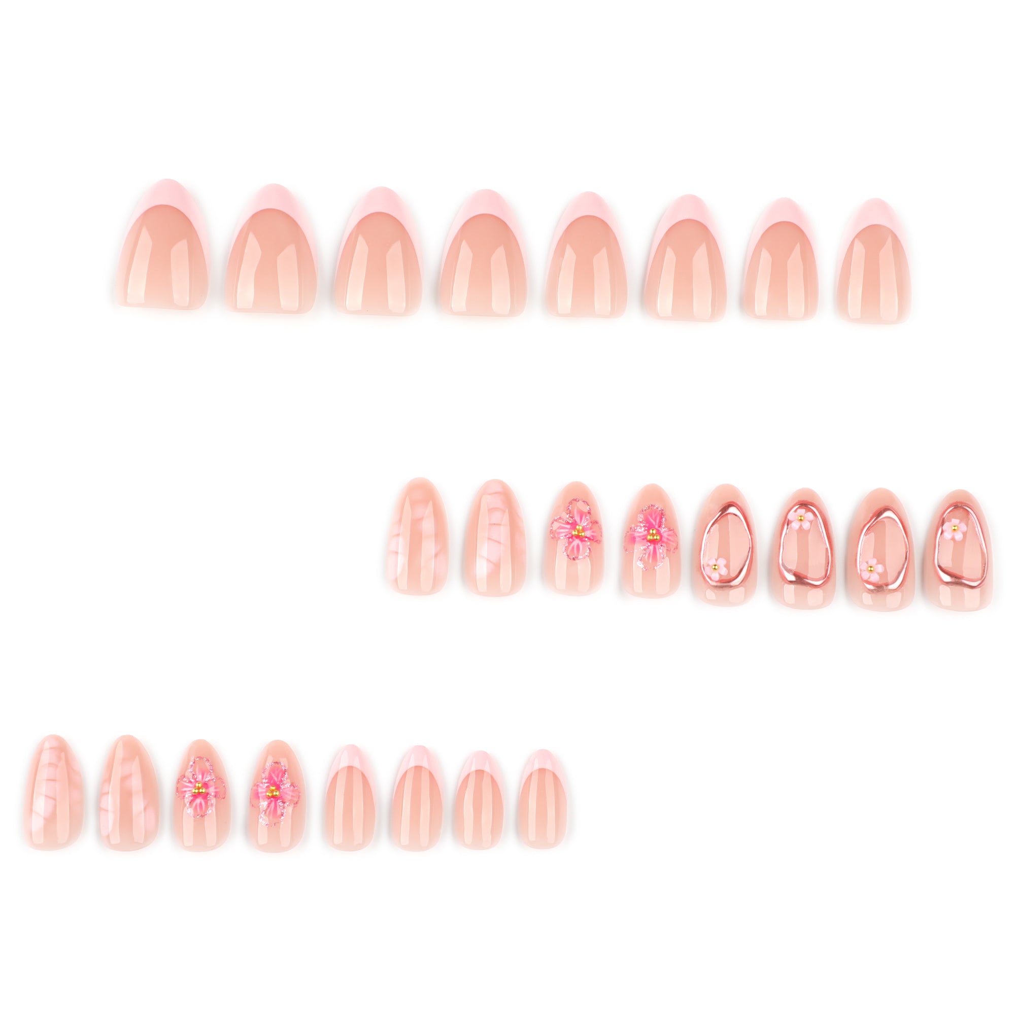 3D Floral & Rose Gold Frame in Nude Peach & Pink Press-On Nails
