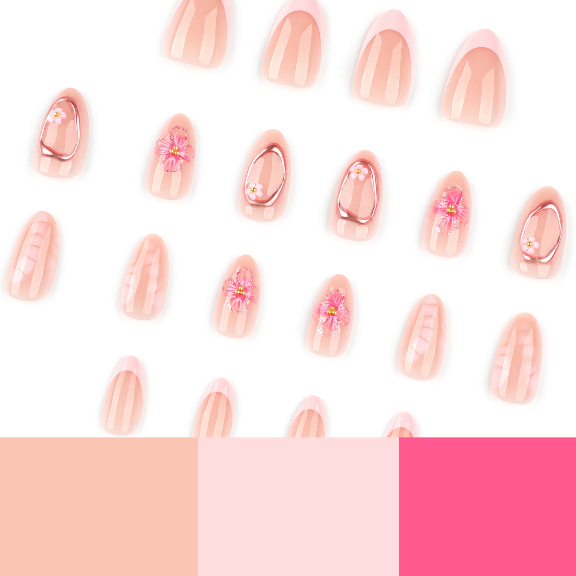 3D Floral & Rose Gold Frame in Nude Peach & Pink Press-On Nails